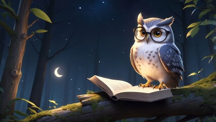 An enchanting owl reads a book under the moonlit sky in a serene forest, surrounded by tall trees and soft illuminating lanterns