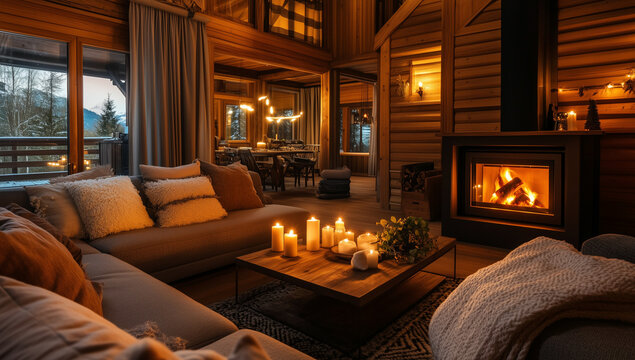 A cozy living room with wooden walls, large windows overlooking the snowy landscape outside and a fireplace lit with firewood stacked neatly on either side.