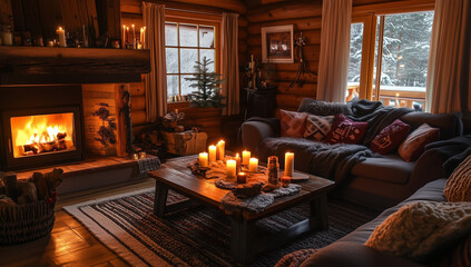 A cozy living room with wooden walls, large windows overlooking the snowy landscape outside and a fireplace lit with firewood stacked neatly on either side.