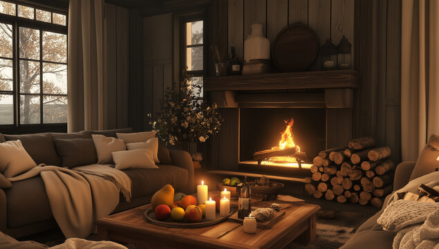 A cozy living room with wooden walls, large windows overlooking the snowy landscape outside and a fireplace lit with firewood stacked neatly on either side.
