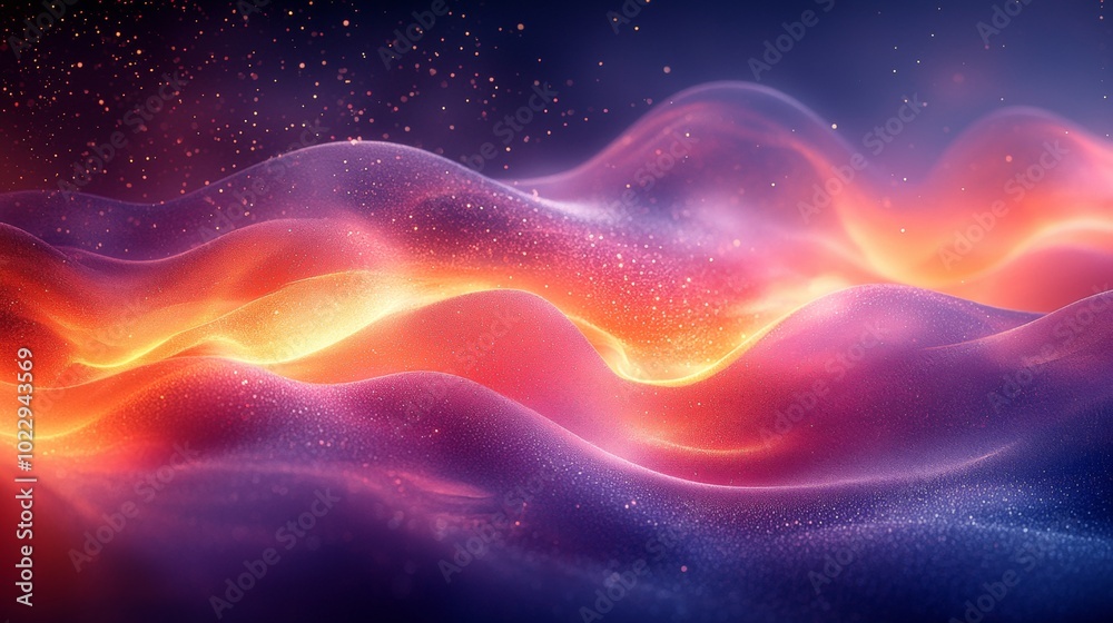 Poster vibrant waves background with colorful glowing particles flowing in digital space, creating dynamic 