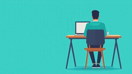 Fototapeta premium Long shot flat design cartoon of a student working at a desk with self-paced learning tools, clean isolated background.