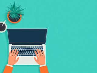 Flat design cartoon of a student typing notes on a laptop for distance learning, medium shot, isolated background, simple.