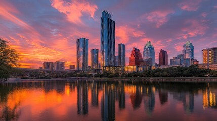 Austin Skyline Reflected in Water at Sunset