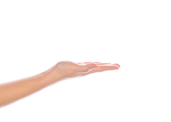 Woman hand holding, hold something, object, product. Hand palm stretching out, offering, showing...