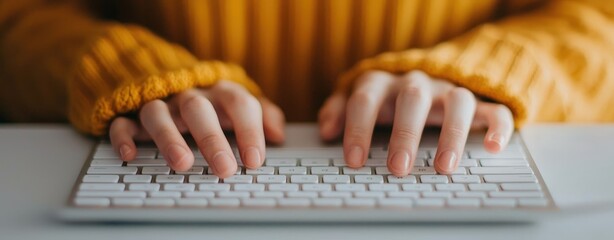 Close-up photography of a student's hands on a keyboard for distance learning, isolated background, clean design.