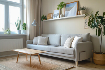 Tiny homes small living room with light sofa and wooden furniture. Plants in the pot, pastel colors