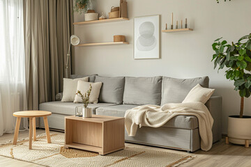 Tiny homes small living room with light sofa and wooden furniture. Plants in the pot, pastel colors