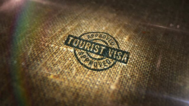 Tourist Visa approved sign stamp on natural linen sack. Travel and tourism 3D  design abstract concept. Looped and seamless animation.