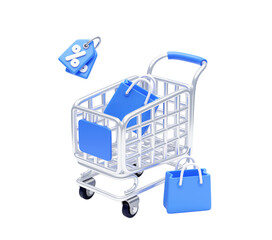 Shopping cart has a shopping bag inside and a discount tag 3d illustration background © mamewmy