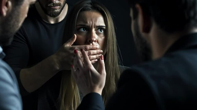 Distressed woman being silenced by men, capturing themes of fear, control, and suppression. Dramatic portrayal of abuse, power dynamics, and psychological tension for social issues and human rights