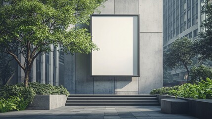 Modern urban scene featuring a blank billboard surrounded by greenery, highlighting a blend of nature and architecture in a bustling city.