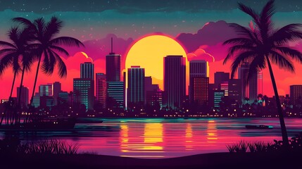 A retro-style sunset city skyline with palm trees, featuring bold neon colors reflecting over water under a starry sky..