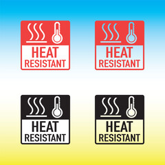 A set of stickers or icons that indicate resistance to high temperature. Red, black and white colors. With the text heat resistant.