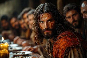 a dramatic scene of jesus christ sharing the last supper with the 12 apostles capturing the rich emotions and dynamics of the moment infused with warmth and historical depth
