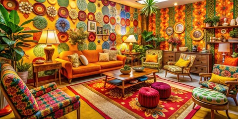 Naklejka premium Nostalgic 1970s Scene with Colorful Patterns, Retro Decor, Vintage Furniture, and Classic Accessories