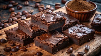 Decadent chocolate brownies surrounded by coffee beans.