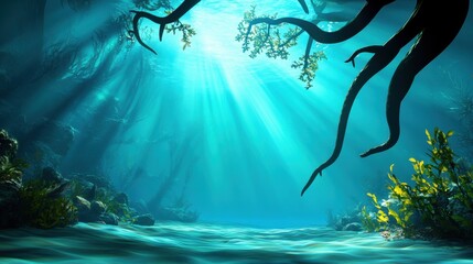 Obraz premium Underwater Depths with Sunlight and Aquatic Plants