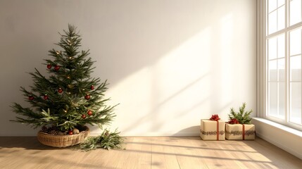 A minimalist snowy room with a white Christmas tree and wrapped presents, illuminated by soft sunlight through large windows, creating a serene winter atmosphere..