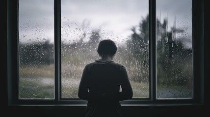 A person stands by a rain-soaked window, gazing outside, evoking a sense of solitude and contemplation amidst a gloomy atmosphere.
