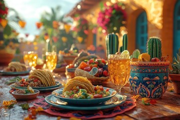 a festive cinco de mayo scene bursting with vibrant colors featuring traditional elements like cacti and tacos celebrating mexican culture and unity with joyous decorations