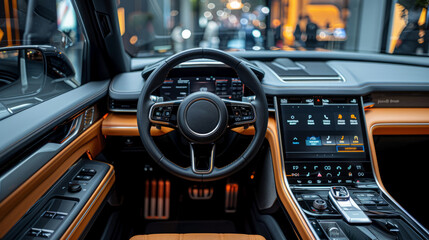 A sleek car interior features a high-tech dashboard and luxurious materials, illuminated softly by city lights in the background