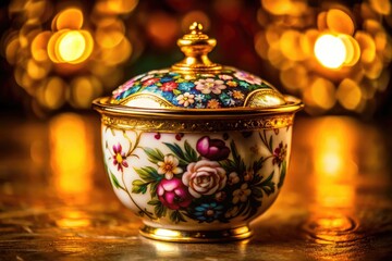 Ornate Antique Snuff Cup Crafted from Fine Porcelain with Intricate Floral Design and Gold Accents