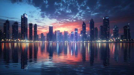 Fototapeta premium A City Skyline Reflected in a Calm Waterway at Sunset