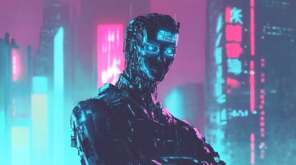 Fototapeta premium A futuristic, cybernetic figure stands against a neon-lit cityscape, embodying technology.