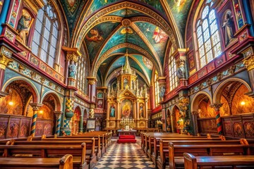 Obraz premium Ornate Cathedra in Historic Church Interior Showcasing Intricate Woodwork and Religious Symbolism