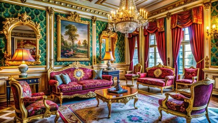 Ornate Napoleon III Style Furniture Set in Luxurious Interior with Rich Textiles and Elegant Design