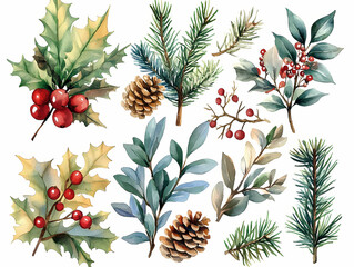 xmas new year celebration decor clipart, watercolor illustration, isolated on a white background