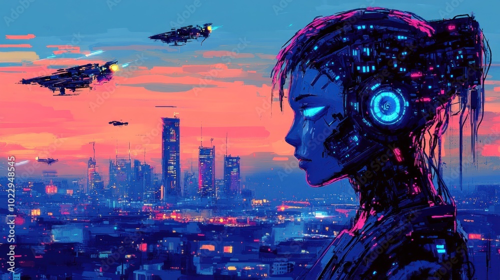 Wall mural A futuristic cityscape featuring a cybernetic figure against a vibrant sunset backdrop.