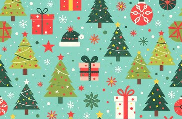 A Christmas themed pattern with a tree, stars, and a gift box