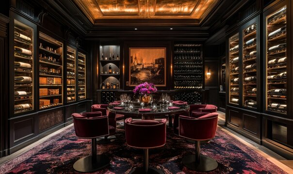Wine cellar dining room with red chairs.