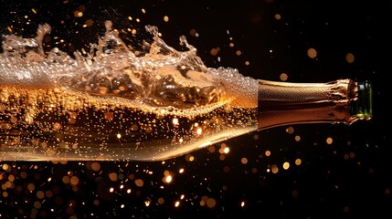 Celebrate with a sparkling bottle of champagne as it pours golden bubbles in a festive atmosphere. Generative AI
