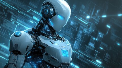 Fototapeta premium A futuristic robot with glowing blue accents against a high-tech background.