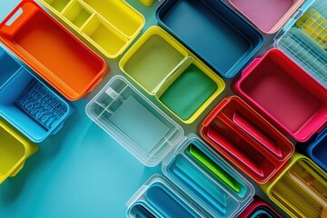 Colorful organizing containers arranged neatly on a blue surface