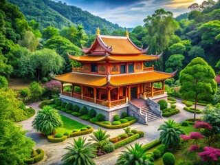 Fototapeta premium Peaceful Buddhist temple surrounded by lush greenery, symbolizing tranquility and spiritual awakening