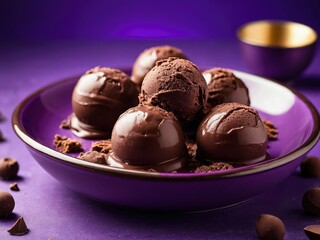 Chocolat ice cream balls in nice plate on purple background. Chocolate ice cream balls on elegant plate