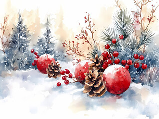 red christmas balls on snow, new year celebration decor clipart, watercolor illustration, isolated on a white background 