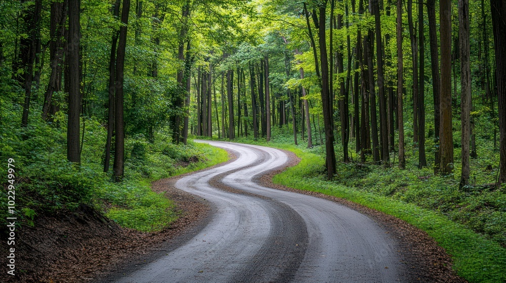 Poster winding road through a dense forest of trees