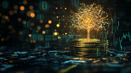 Naklejka premium Abstract Digital Gold Tree Growing from Stack of Coins