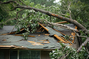 A tree branch has fallen on a house, leaving a large hole in the roof.,