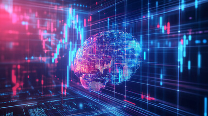Obraz premium Digital Brain with Glowing Lines and Grid, Artificial Intelligence, Technology Background