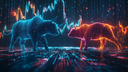 Digital Bull and Bear Stock Market Concept