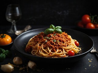 Dark plate with Italian spaghetti on dark. Dark presentation of Italian spaghetti