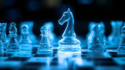 Futuristic Glass Chess Knight on Blue Illuminated Board
