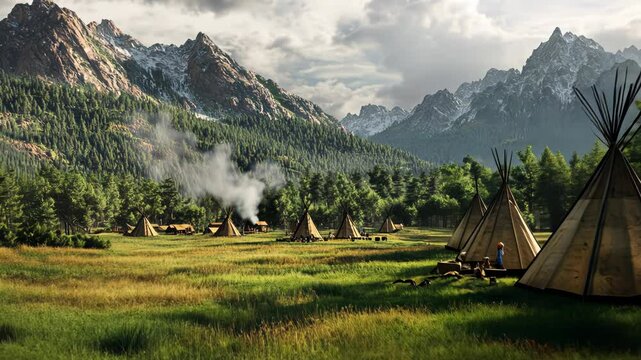 Traditional teepees set in a scenic mountain valley with lush green fields, smoke rising from the campfires. Capturing the essence of nature, culture, and outdoor living in a peaceful setting