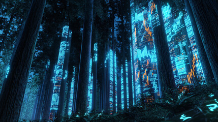 Glowing Cyberpunk Trees in a Digital Forest